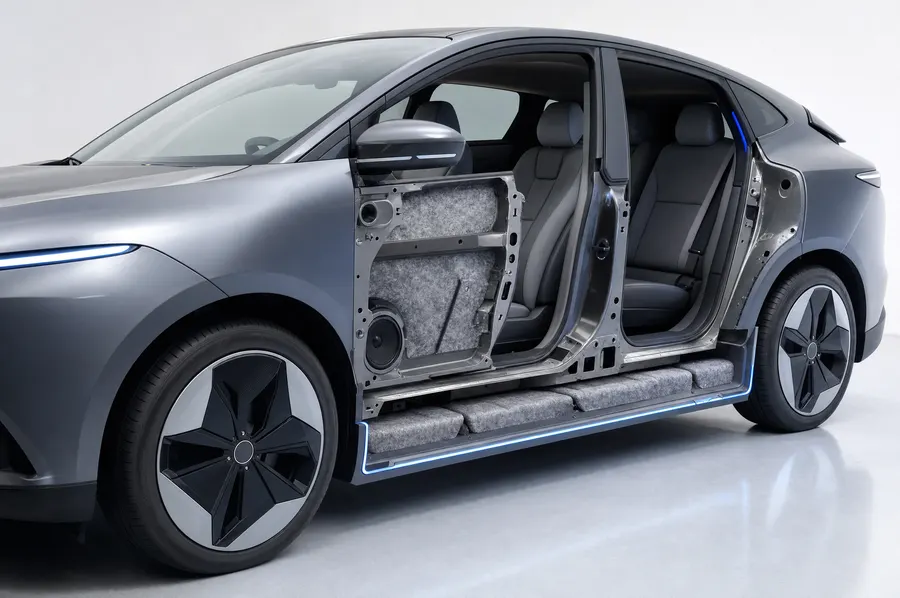 Electric car with a door and sill cut away to show acoustic insulation inside