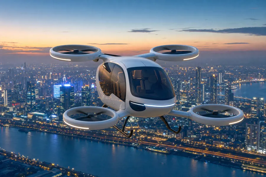Electric air taxi with four ducted rotors flying over a city at dusk