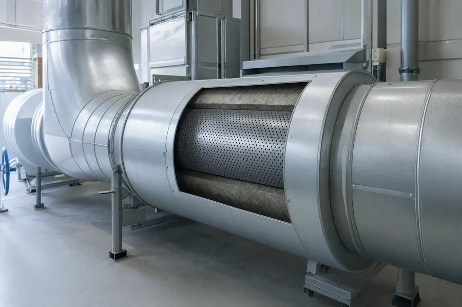 Ventilation duct with a cut-away silencer section showing a perforated liner