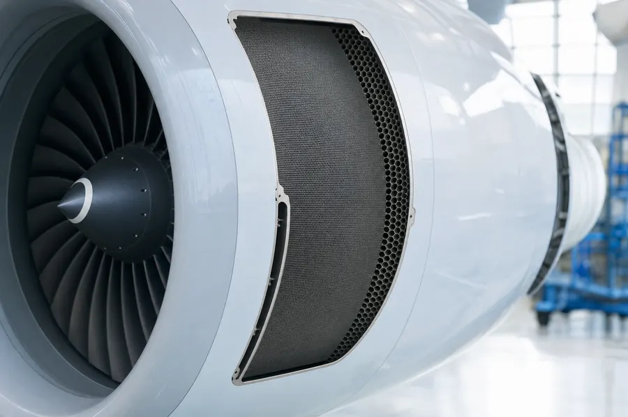 Engine nacelle liner panel with a honeycomb acoustic layer, seen next to the fan of a turbofan engine
